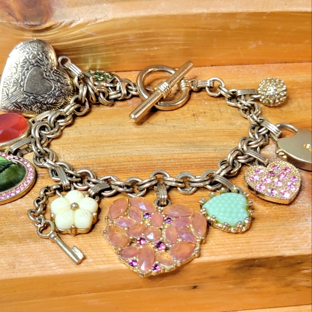 Matte Gold Tone Heart Locket Rhinestone Charm Bracelet with Toggle Clasp